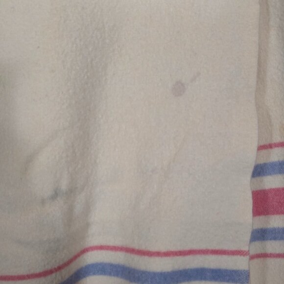 Kenwood Wool Products Virgin Wool Blanket Made in Canada Beige w Red Blue Stripe - Picture 4 of 4